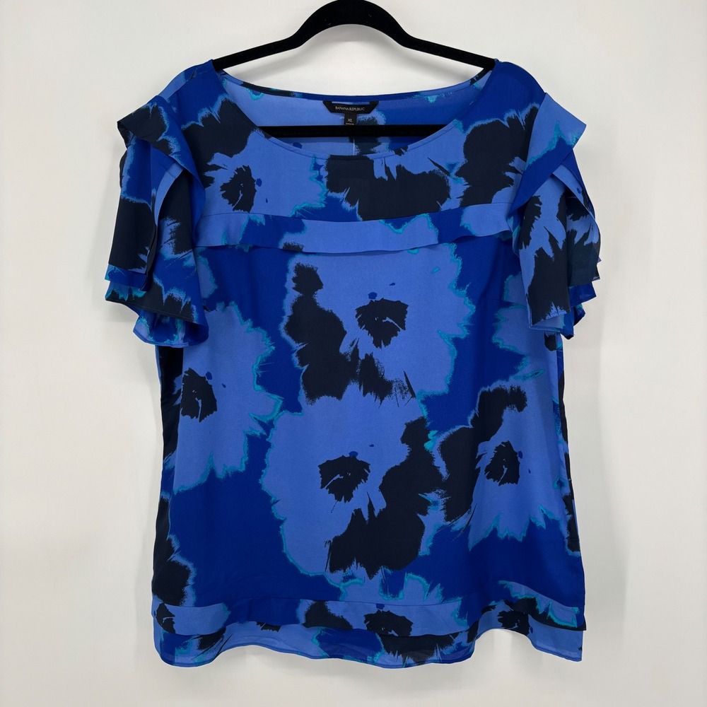 Banana Republic Layered Ruffle Short Sleeve Top Blue/Black Floral Size XL NWT